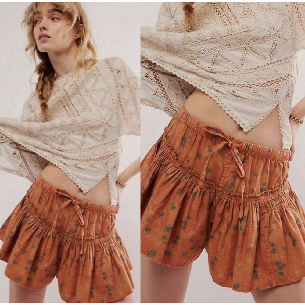 Free People Callista Printed Shorts Peach Boho Cottagecore Women's Medium - Picture 3 of 14